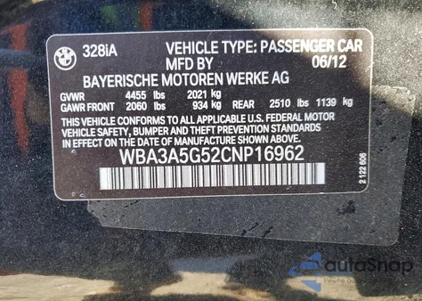 2012 BMW 328 I from USA, damaged, VIN WBA3A5G52CNP16962